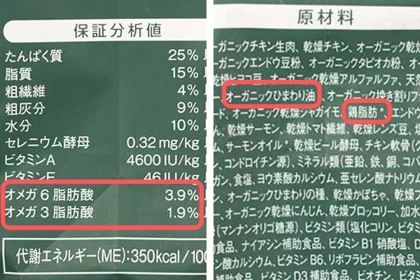 毛並みに良い栄養バランス　オメガの数値記載例と油の表記明確例