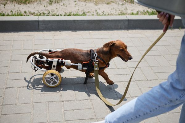 胴長犬種用の車椅子を使うダックスフンド